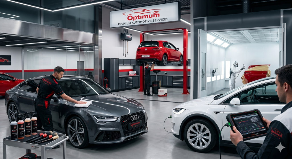 تلميع احترافي لسيارة سيدان رمادية، سيارة حمراء مرفوعة على رافعة هيدروليكية للصيانة، فني يستخدم جهازاً لوحياً لتشخيص سيارة كهربائية (EV) بيضاء، وفني طلاء سيارات في كابينة رش متخصصة. يظهر شعار لسيارة حمراء (صورة ظلية) في جميع أنحاء المنشأة